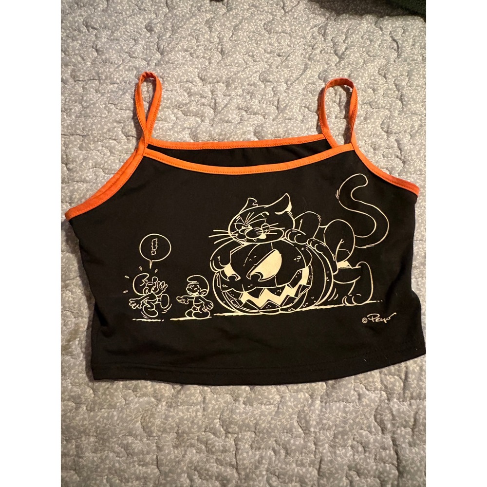 Romwe Cami Top Women XS Black Excellent Halloween Smurf Cat Pumpkin Graphic